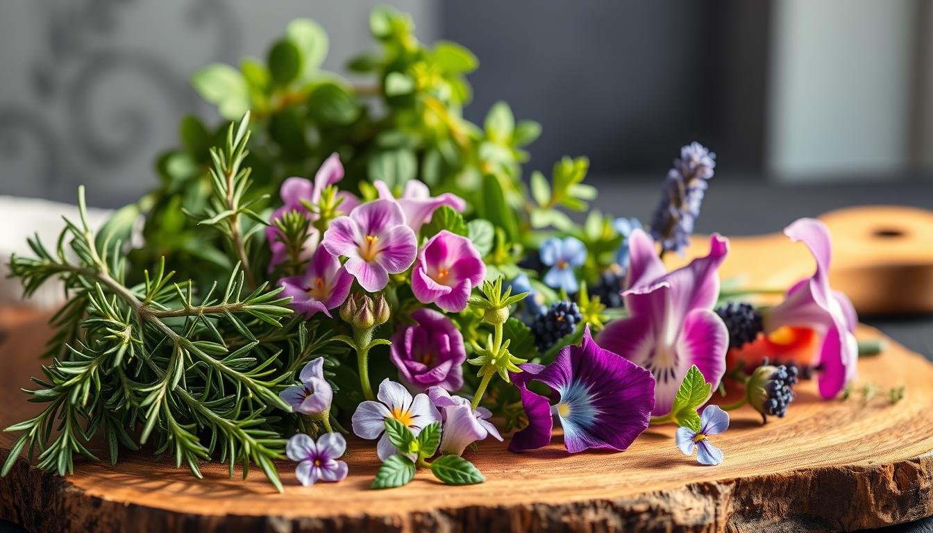 garnishing with fresh herbs and edible flowers