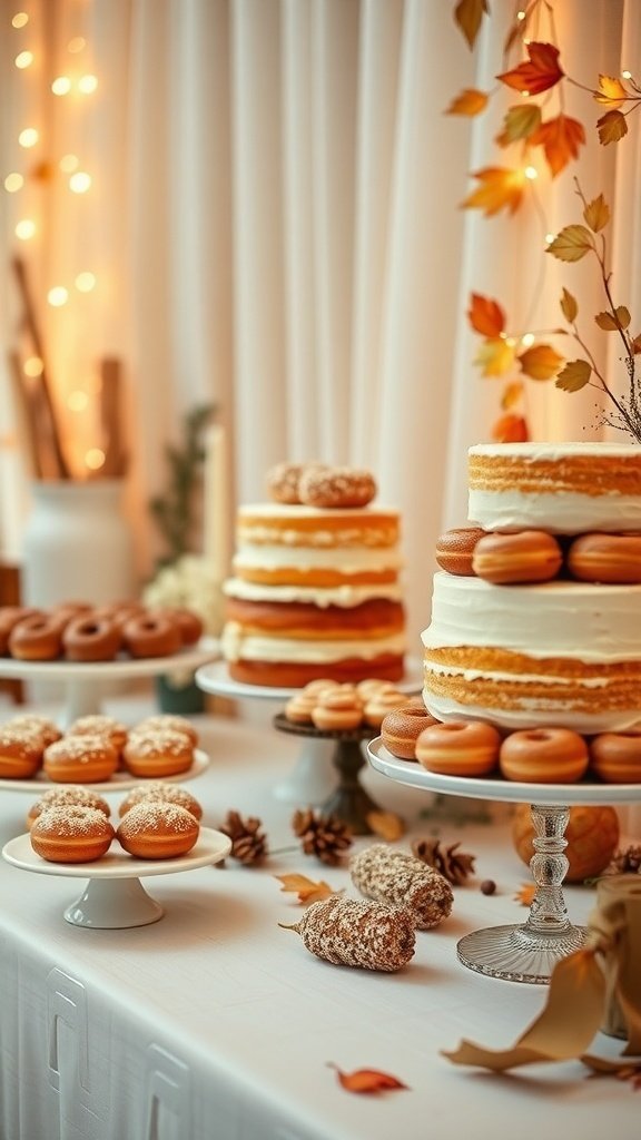 A beautifully arranged fall dessert table featuring layered cakes, doughnuts, and festive decorations.
