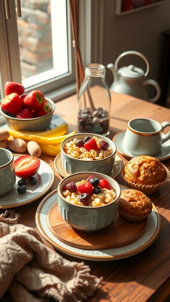 A cozy breakfast spread featuring bowls of cereal topped with fresh fruits, muffins, and a variety of fruits on a wooden table.
