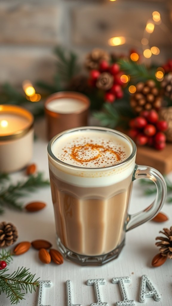 A cozy dairy-free pumpkin drink garnished with cinnamon, surrounded by festive decorations.