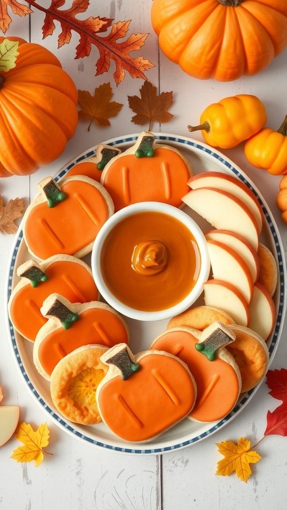 A plate of pumpkin-shaped cookies with caramel and apple slices, surrounded by small pumpkins and autumn leaves.