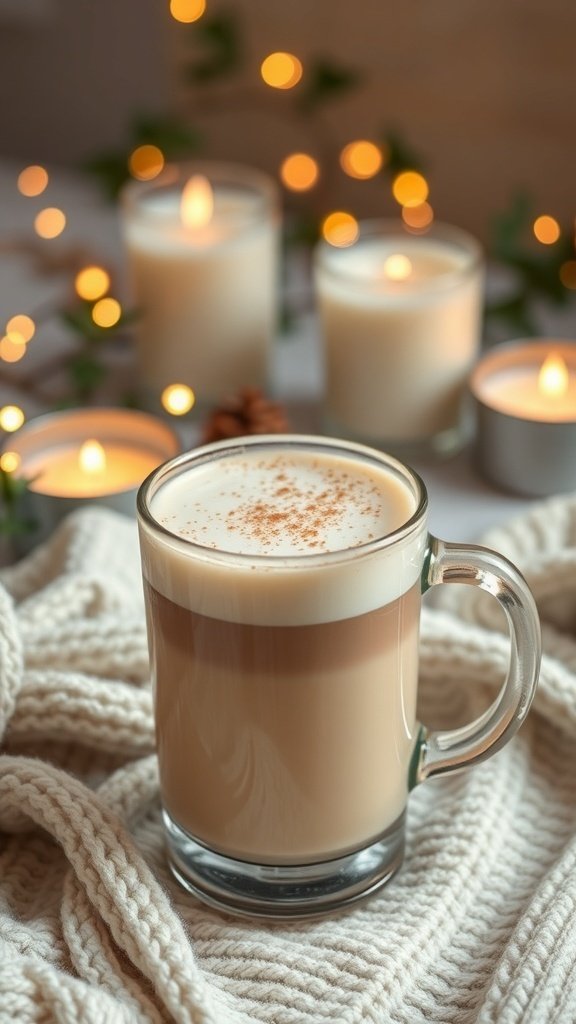 A cozy drink in a glass mug, surrounded by candles and a soft blanket.