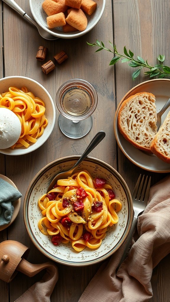 A cozy autumn lunch featuring pasta, bread, and snacks on a wooden table.