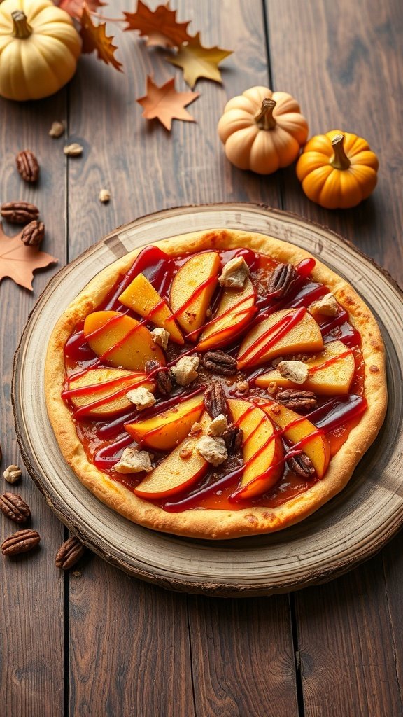 A creative fall dessert pizza topped with apples, pecans, and caramel sauce.