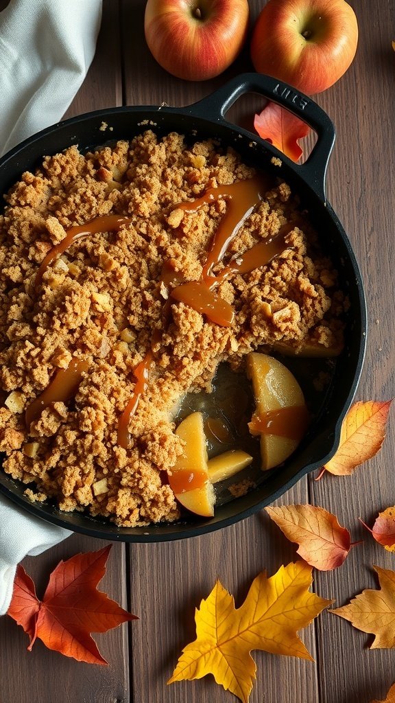 A delicious apple crumble dessert with caramel drizzle, surrounded by autumn leaves and apples.