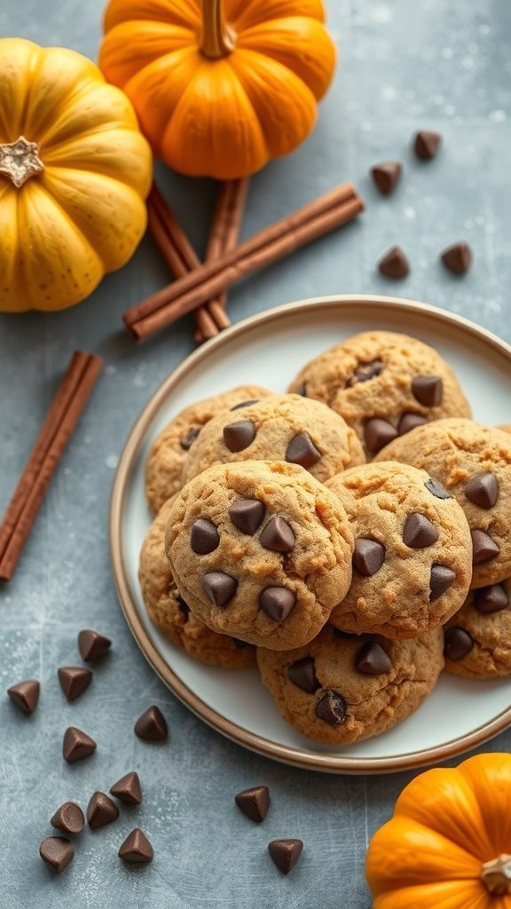 Vegan pumpkin chocolate chip cookies with pumpkins and cinnamon sticks