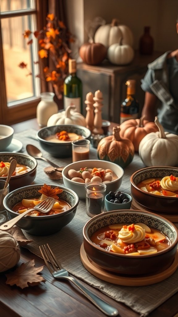 A cozy autumn dinner table with seasonal desserts and decorations.