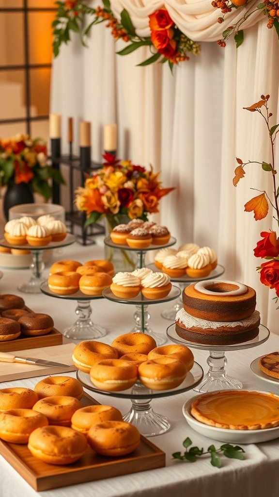 A beautifully arranged fall wedding dessert station with various cakes and donuts.