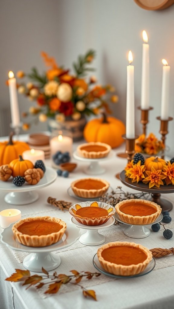 A beautifully arranged fall dessert table featuring pumpkin pies, candles, and autumn decorations.