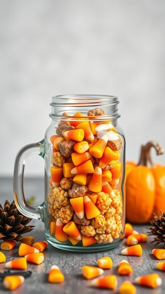 A jar filled with candy corn snack mix, including popcorn and nuts, surrounded by pine cones and pumpkins.