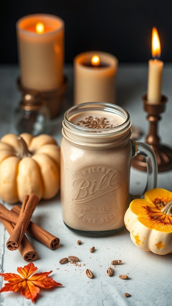 A cozy butternut squash smoothie surrounded by fall decorations.
