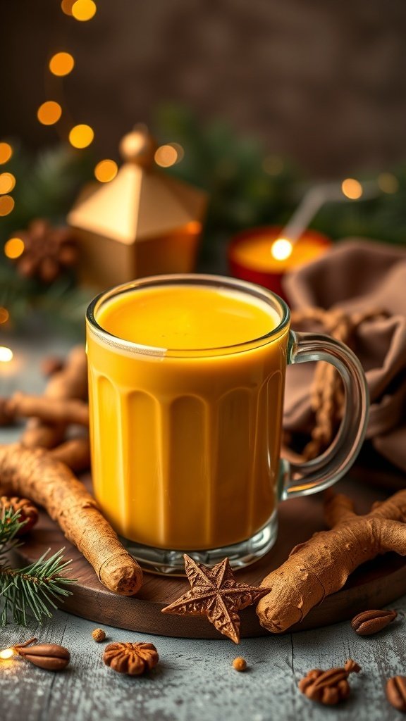 A warm Golden Milk Latte served in a glass mug surrounded by spices and festive decorations.