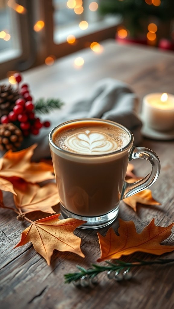 A warm espresso macchiato in a glass cup surrounded by autumn leaves and festive decorations.
