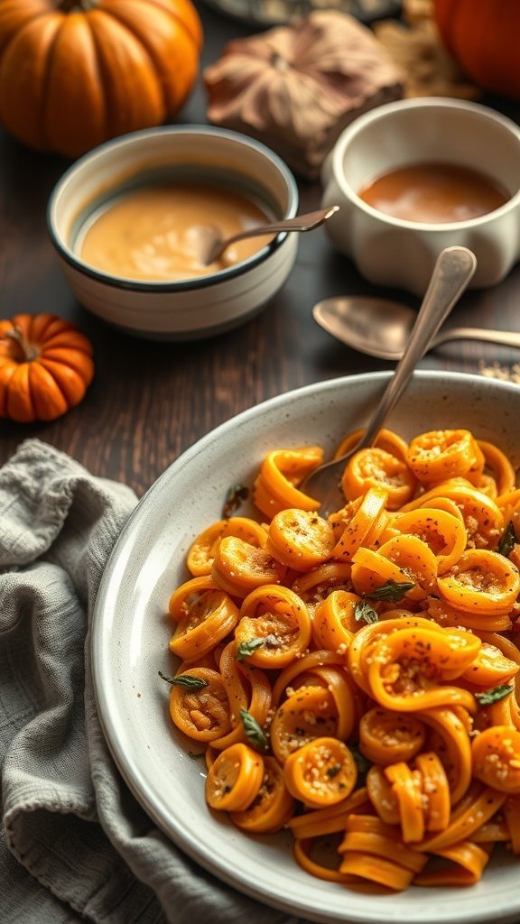 A cozy autumn dinner featuring pumpkin pasta with seasonal decorations.