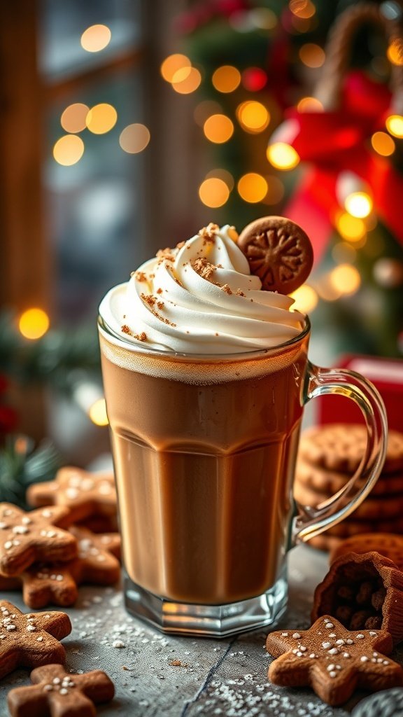 A delicious Gingerbread Latte topped with whipped cream and a gingerbread cookie, surrounded by festive decorations.