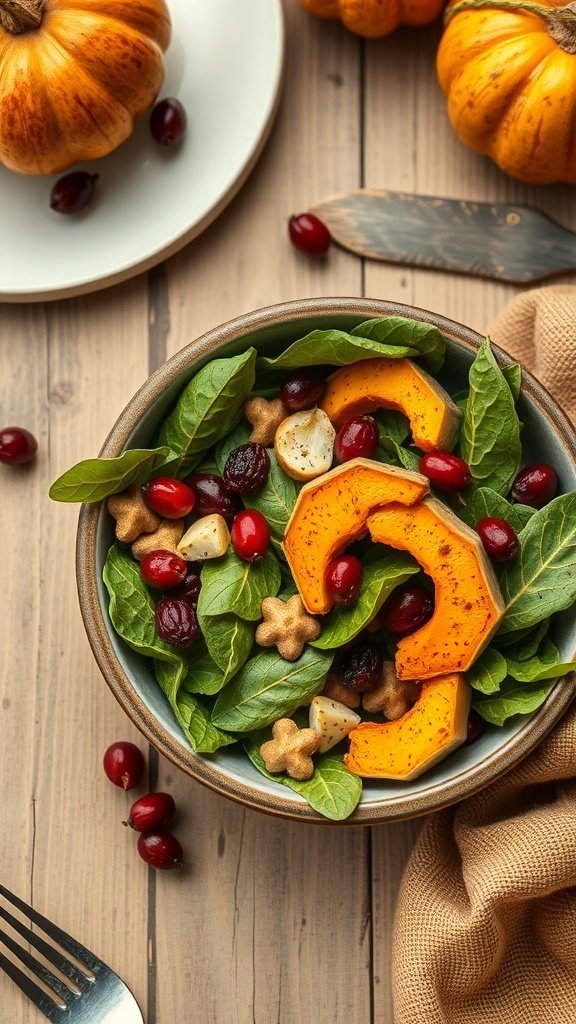A warm fall salad with roasted squash, cranberries, and greens, surrounded by decorative pumpkins.