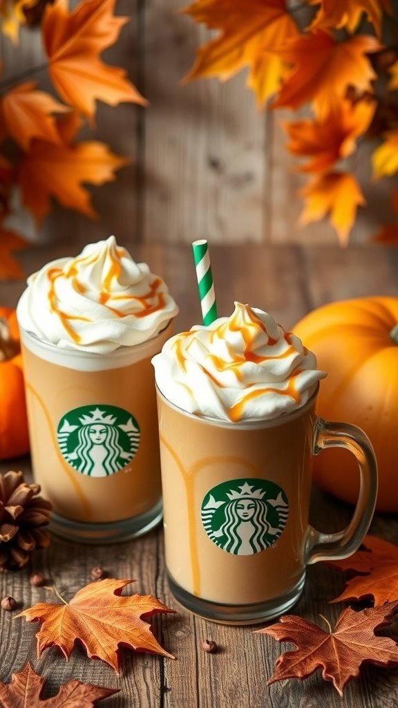 Two cozy lattes topped with whipped cream and caramel, surrounded by autumn leaves and pumpkins.