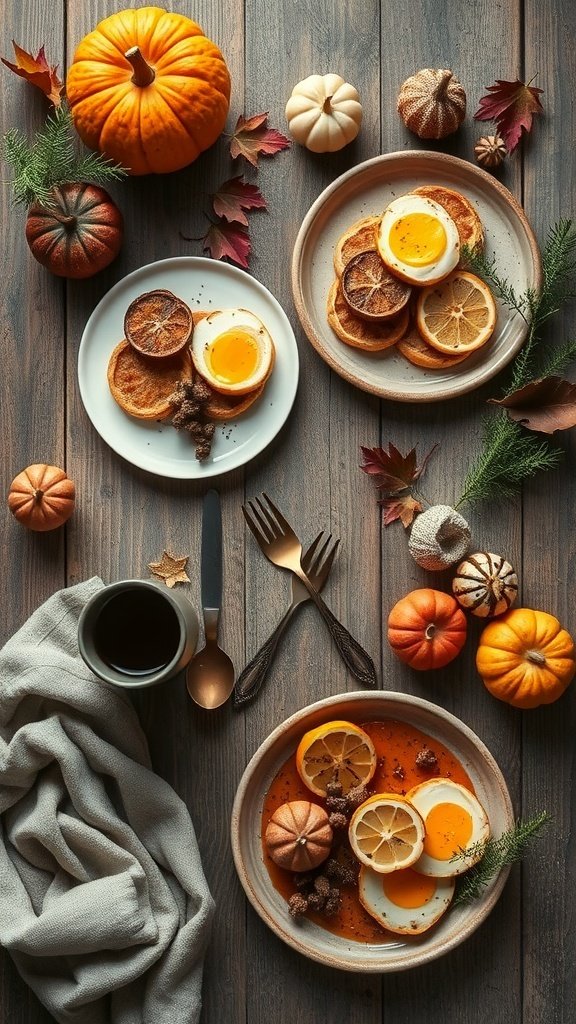 A beautifully arranged fall breakfast featuring pancakes, eggs, and decorative pumpkins.