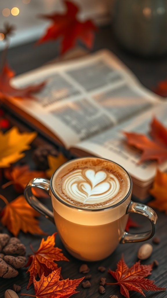A cozy latte surrounded by autumn leaves and an open book.