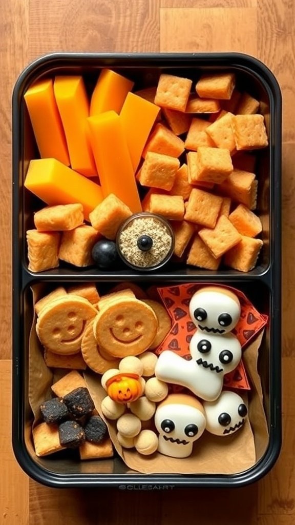 A colorful Halloween-themed lunch box filled with cheese sticks, smiley cookies, and ghost-shaped snacks.