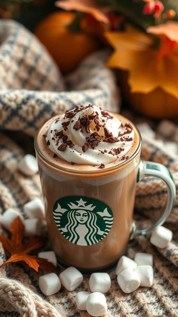 A cozy cup of Starbucks-style hot chocolate topped with whipped cream and chocolate shavings, surrounded by fall decor.