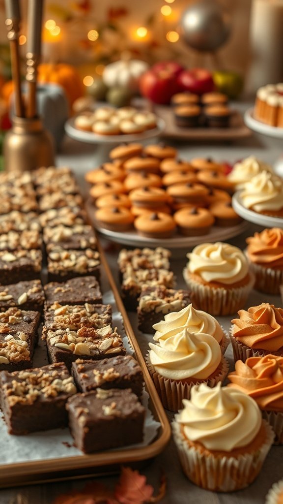 A variety of fall party desserts including cupcakes and brownies.