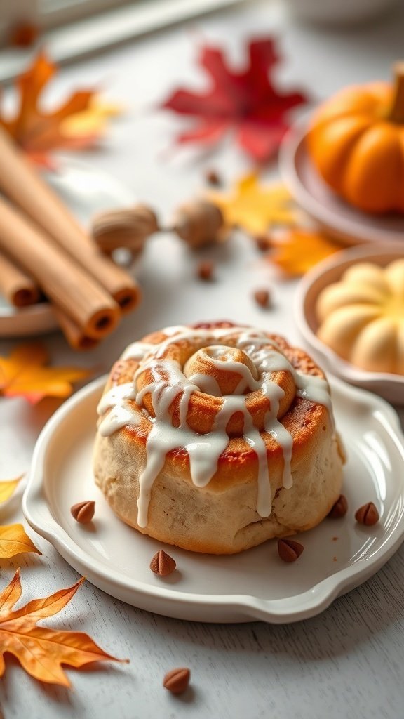 A delicious cinnamon roll drizzled with icing, surrounded by autumn leaves and pumpkins.