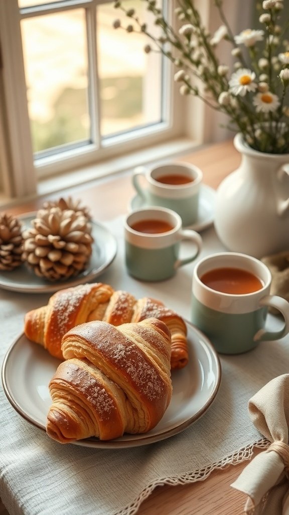 A cozy breakfast scene featuring French pastries, coffee, and pinecones.
