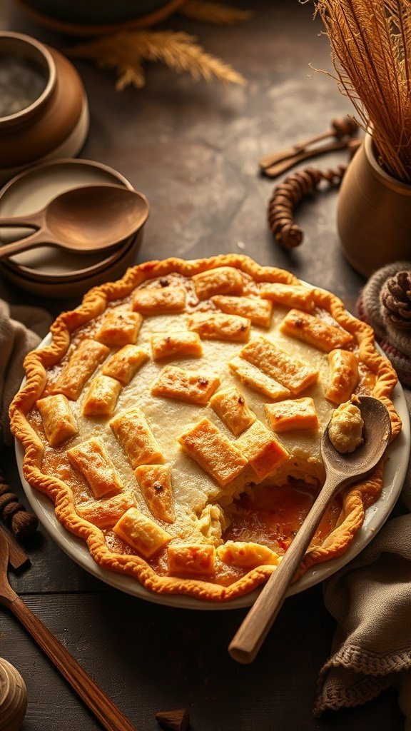 A cozy autumn pie with a golden crust and a wooden spoon resting beside it.