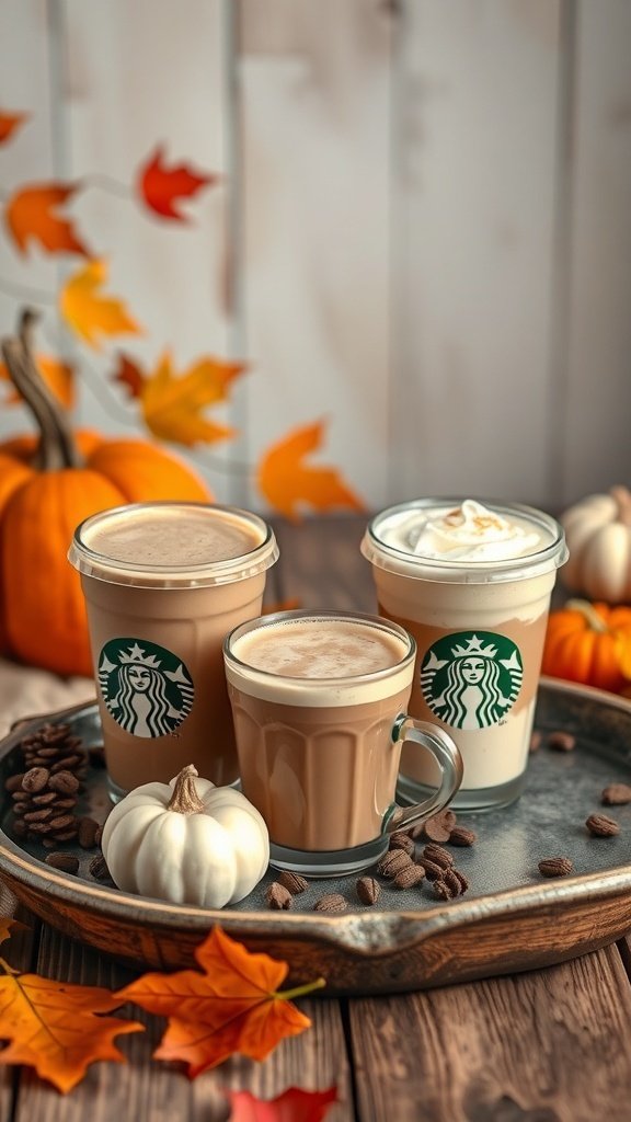 A selection of Starbucks fall drinks on a tray with pumpkins and autumn leaves.