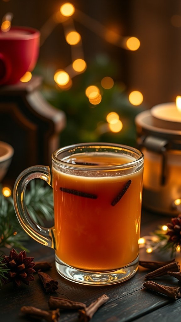 A warm glass of spiced apple cider with cinnamon sticks and festive lights in the background.
