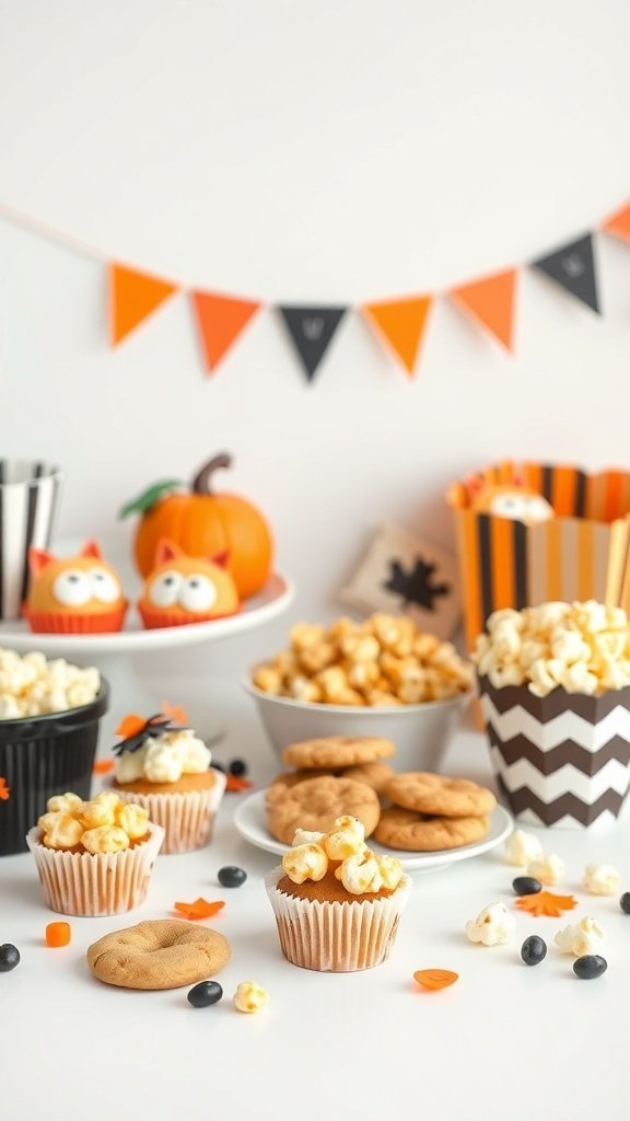 A colorful display of fall snacks including popcorn cupcakes and cookies, perfect for a class party.