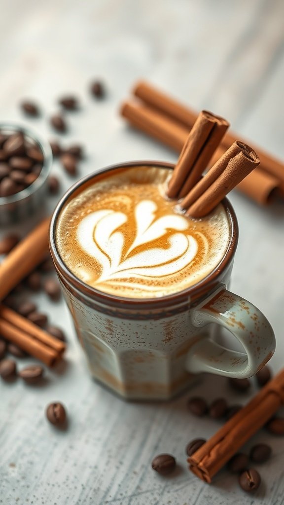 A cozy cappuccino topped with cinnamon sticks and coffee beans scattered around.
