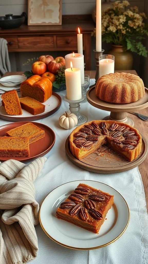 A beautifully arranged table featuring rustic fall desserts, including pumpkin bread, pecan pie, and candles.
