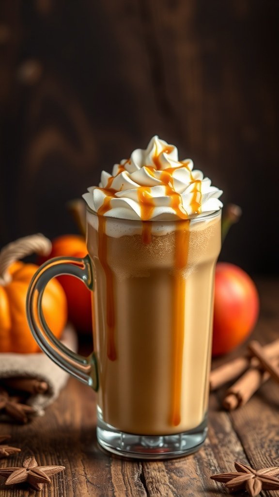 A cozy caramel apple drink topped with whipped cream and caramel drizzle, surrounded by autumn elements.