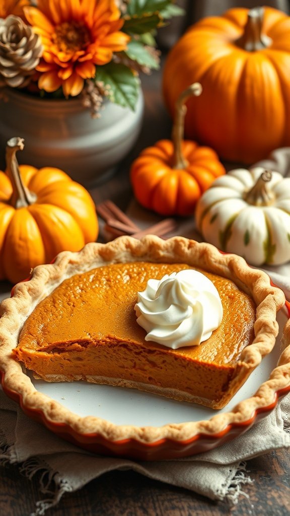 A delicious classic pumpkin pie with whipped cream, surrounded by decorative pumpkins.