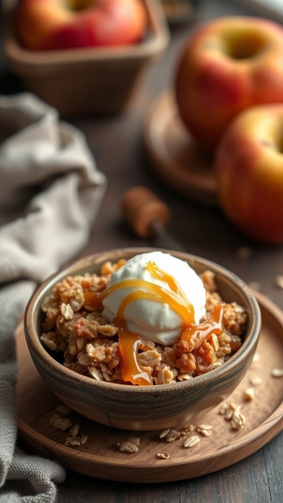 A bowl of healthy fall dessert topped with ice cream and caramel sauce, surrounded by fresh apples.