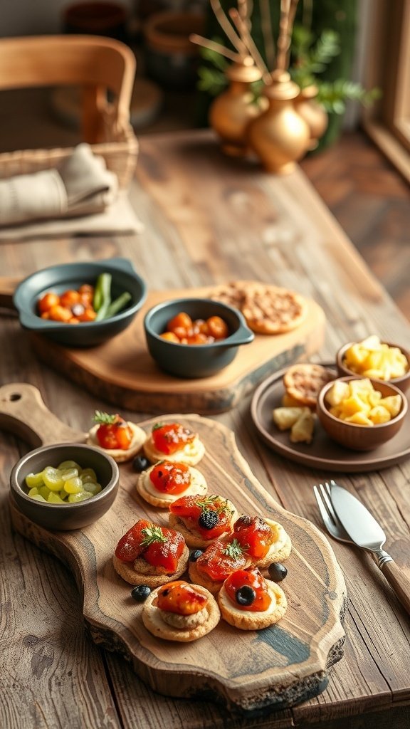 A wooden platter with various appetizers, including small bites with toppings, pickles, and fruits.