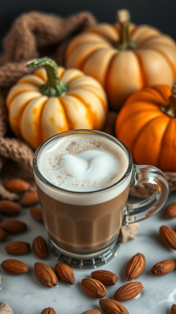 A cozy dairy-free fall drink in a glass mug, surrounded by pumpkins and almonds.