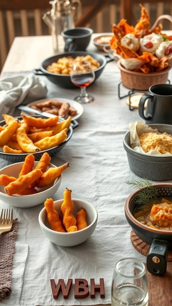 A cozy autumn dinner table with various fall comfort food dishes.