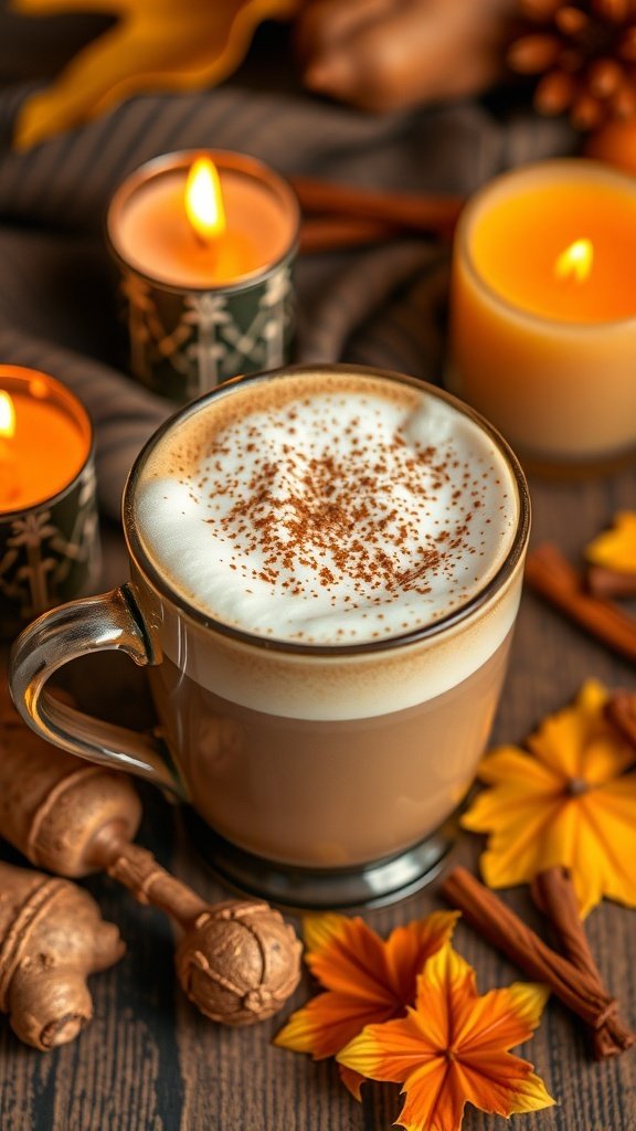 A cozy ginger-spiced drink surrounded by autumn leaves and candles.