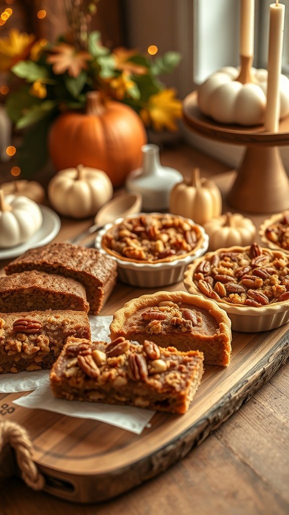 A beautiful display of Thanksgiving baked goods including pies and breads.