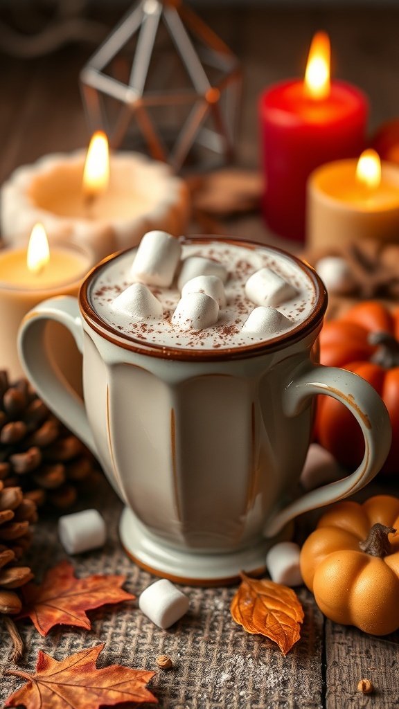 A cozy hot chocolate drink topped with marshmallows, surrounded by autumn decorations.