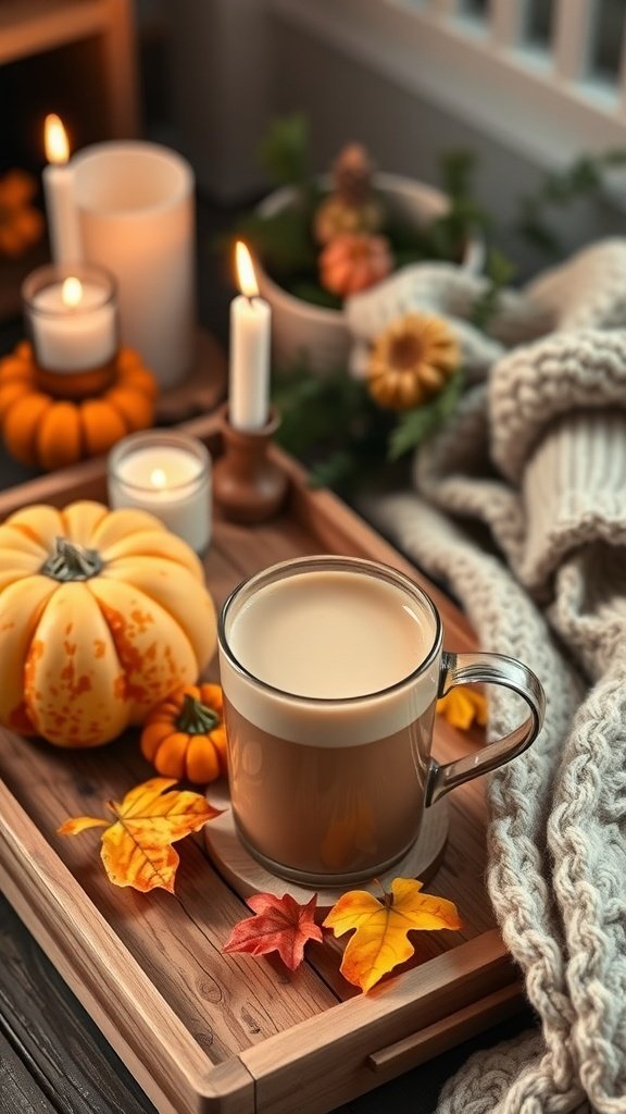 A cozy night drink with pumpkins and autumn leaves.