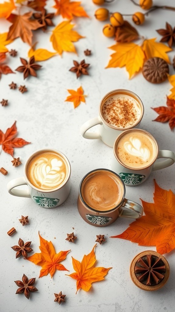 Four cups of fall-inspired coffee drinks surrounded by autumn leaves and spices.