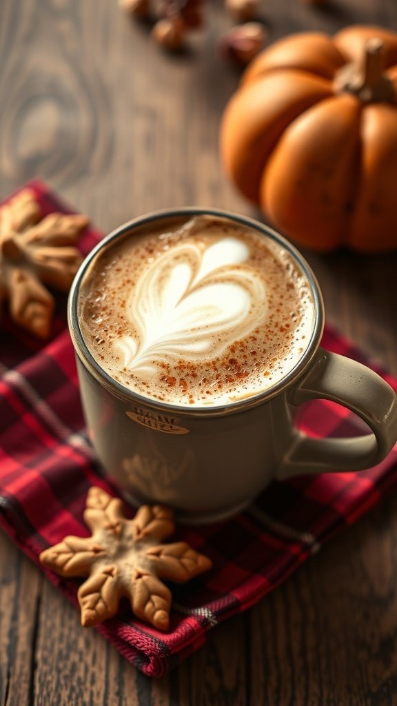 A cozy latte topped with a heart design, surrounded by fall decorations.
