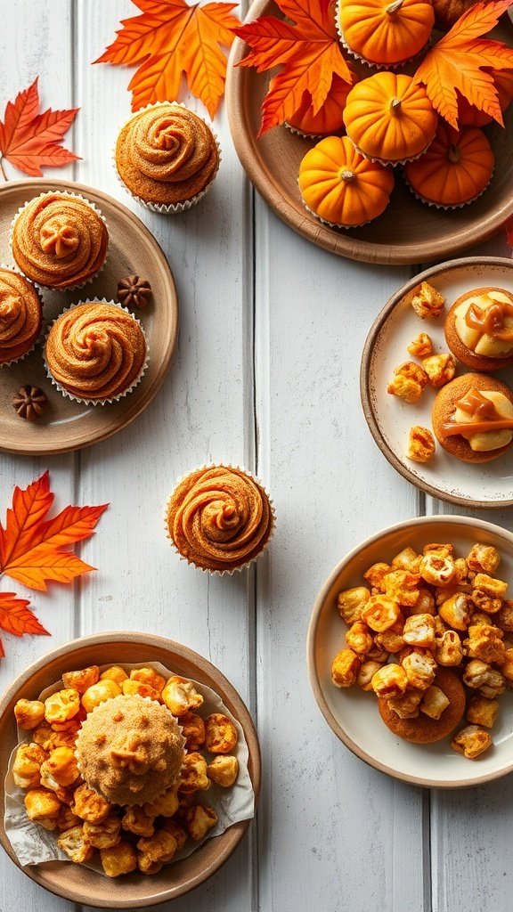 A beautiful spread of rustic fall desserts including cupcakes, mini pumpkins, and popcorn treats on a wooden table.