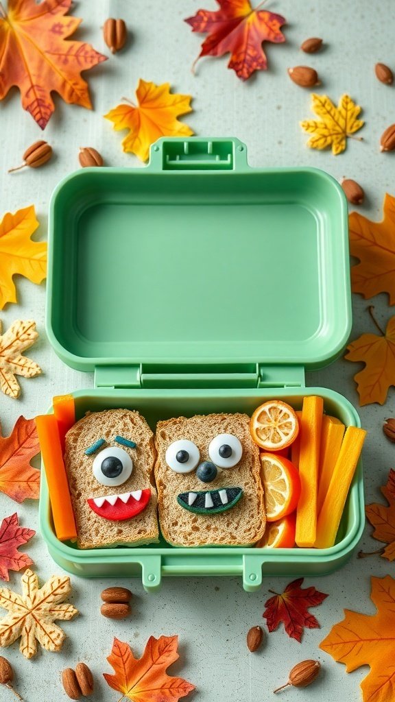 A fun Halloween-themed lunch box with monster sandwiches and colorful veggies.