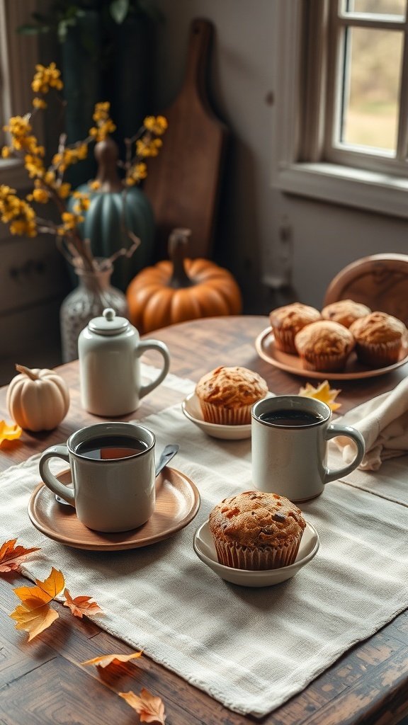 A cozy breakfast setup with muffins and coffee on a wooden table, surrounded by autumn leaves and decor.