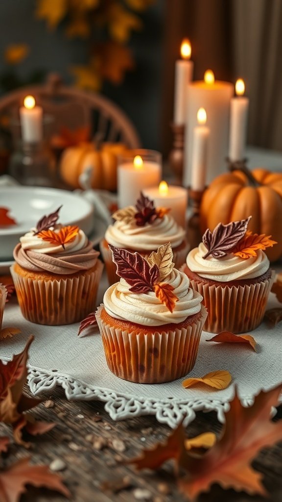 Decorated fall cupcakes with leaves and pumpkins